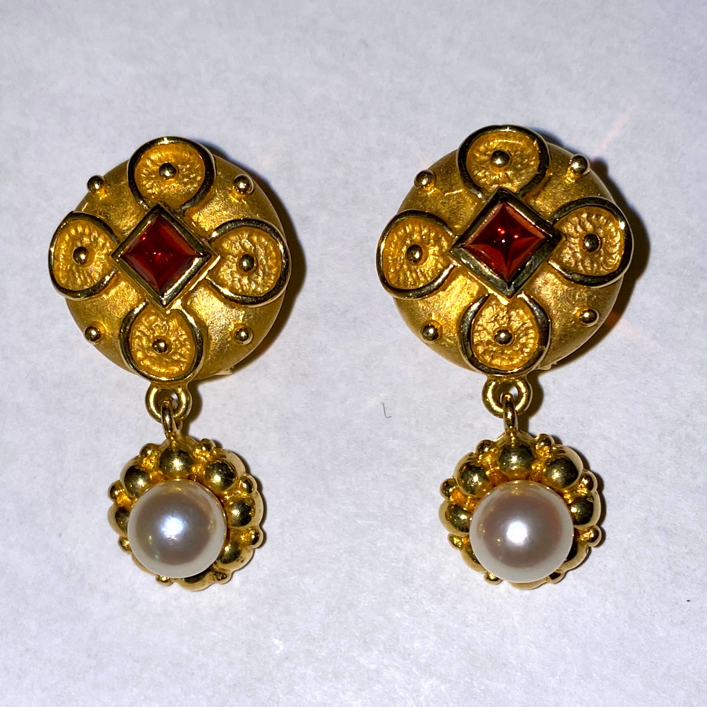14 Kt Gold Byzantine Garnet And Pearl Earrings